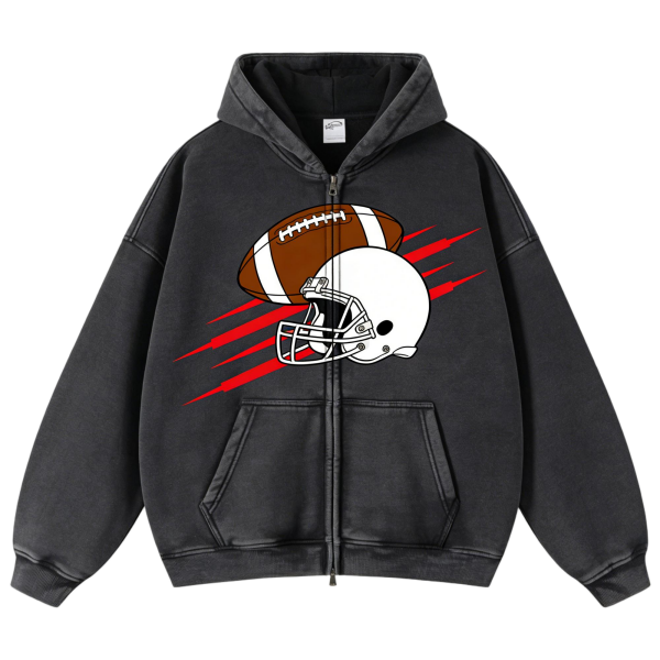 Sporty Black Football Helmet & Ball Print Zip-Up Hoodie
