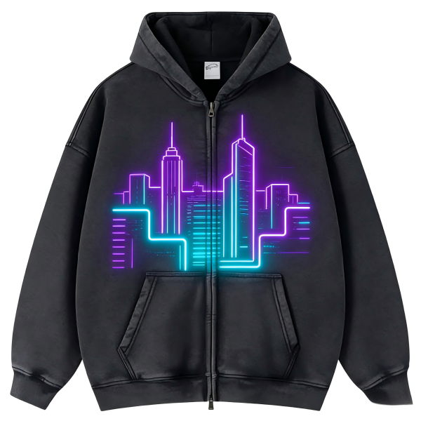Urban Black Neon City Skyline Zip-Up Hoodie